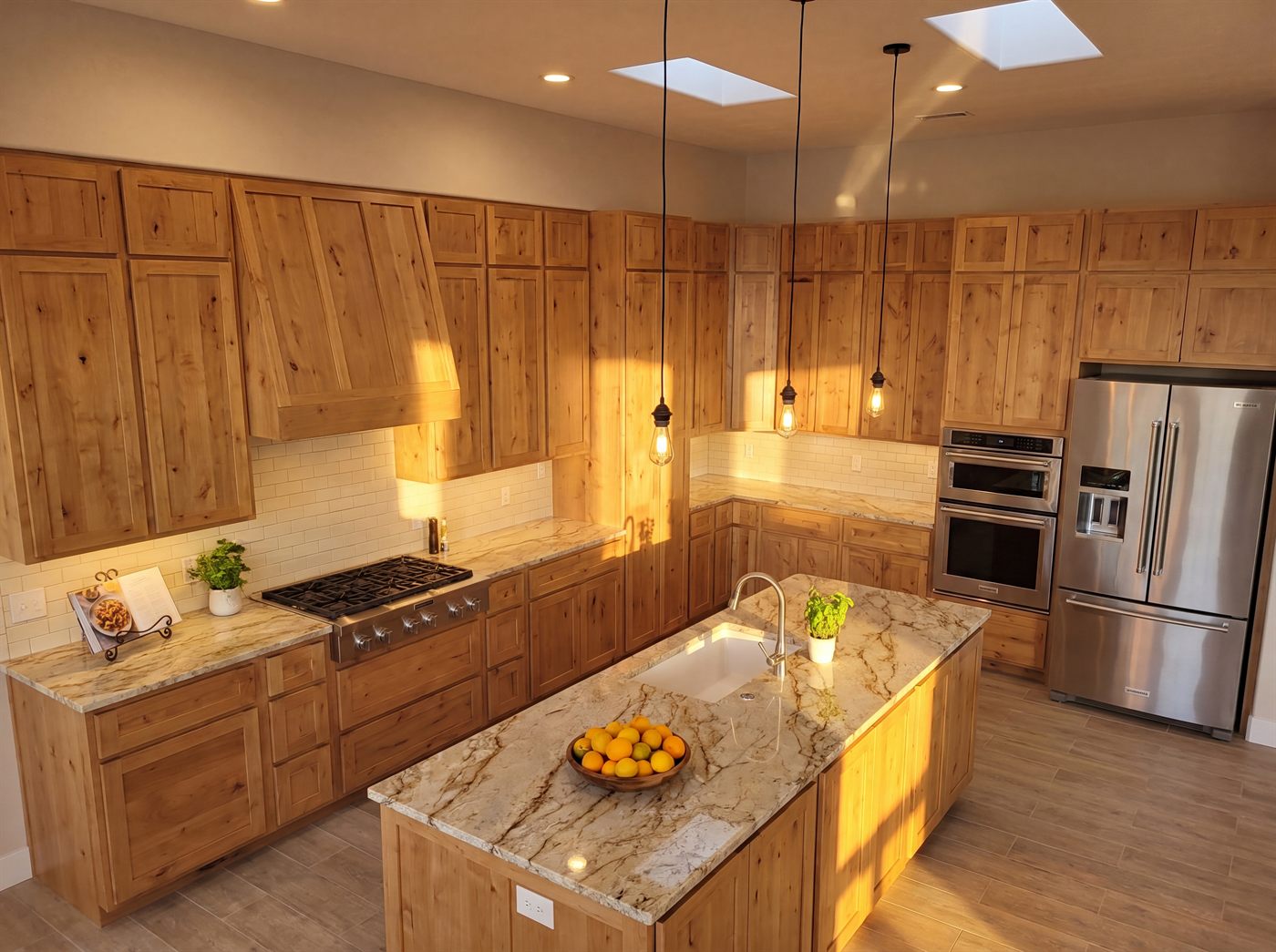 Rustic knotty alder kitchen remodel with granite countertops and a large island, Albuquerque NM